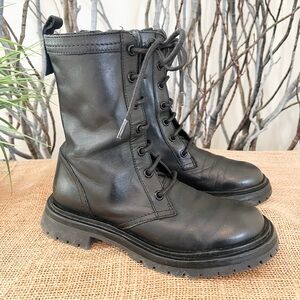 Zara Black Leather Combat Moto Ankle Boots Lug Sole Size 35